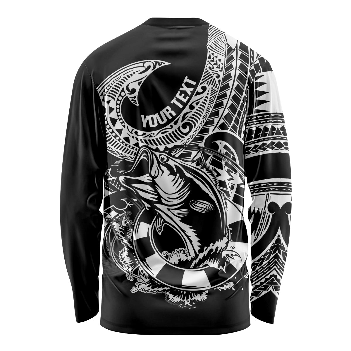 Unisex black long-sleeve fishing shirt with fish graphic, tribal back panel, Your Text