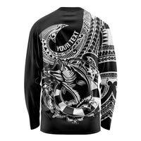 Unisex black long-sleeve fishing shirt with fish graphic, tribal back panel, Your Text