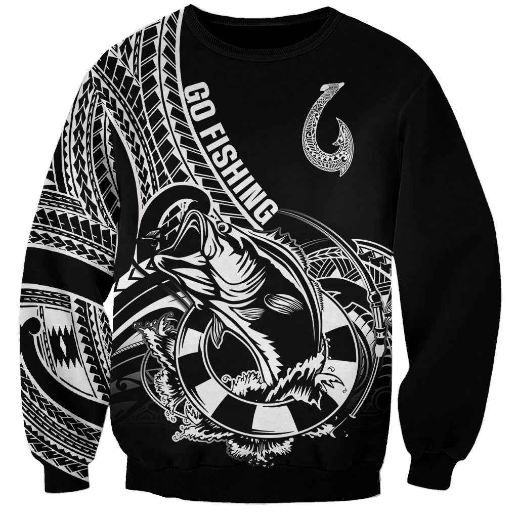 Black crewneck sweatshirt with Go fishing fish-hook tattoo and polynesian patterns