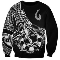 Black crewneck sweatshirt with Go fishing fish-hook tattoo and polynesian patterns