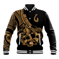 Black baseball jacket with gold fish and hook graphic, snap front, ribbed striped collar