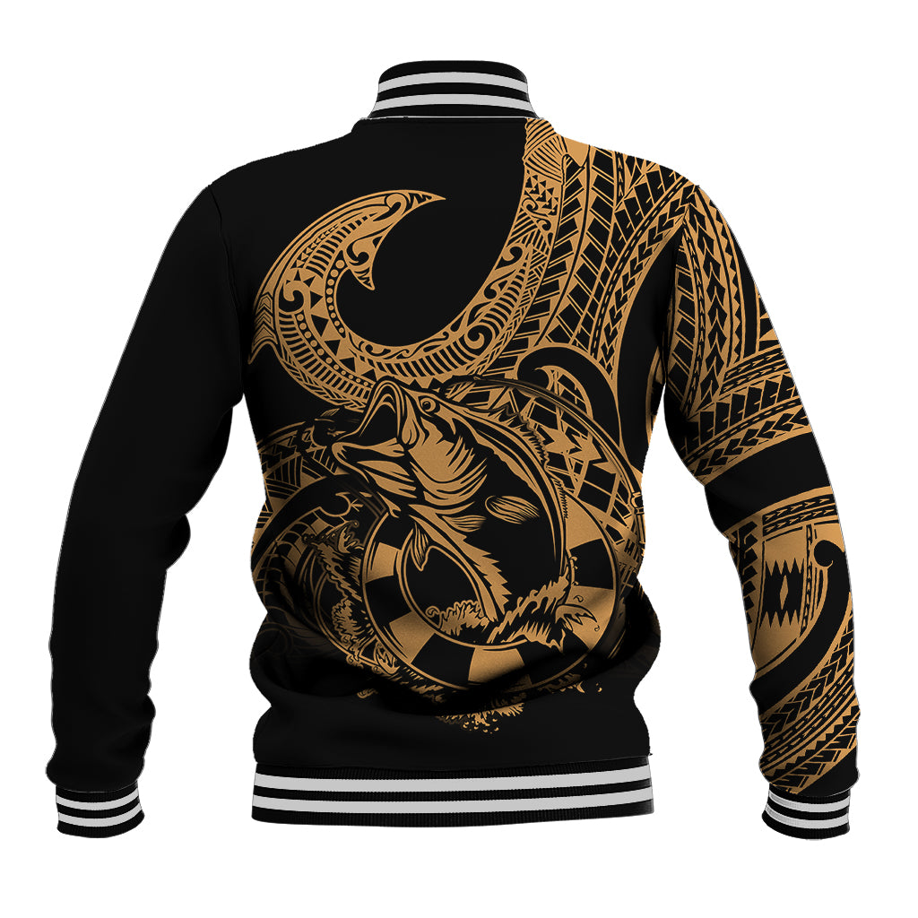 Black baseball jacket back with large gold fish tattoo design, striped ribbed hem and cuffs