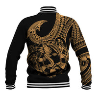 Black baseball jacket back with large gold fish tattoo design, striped ribbed hem and cuffs