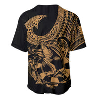 Black baseball jersey with v-neck buttons, gold fish design and curved Polynesian motif