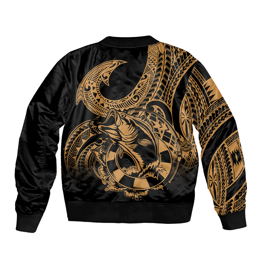 Unisex bomber jacket back in black with large gold Polynesian fish-hook tattoo, ribbed hem.