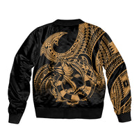 Unisex bomber jacket back in black with large gold Polynesian fish-hook tattoo, ribbed hem.