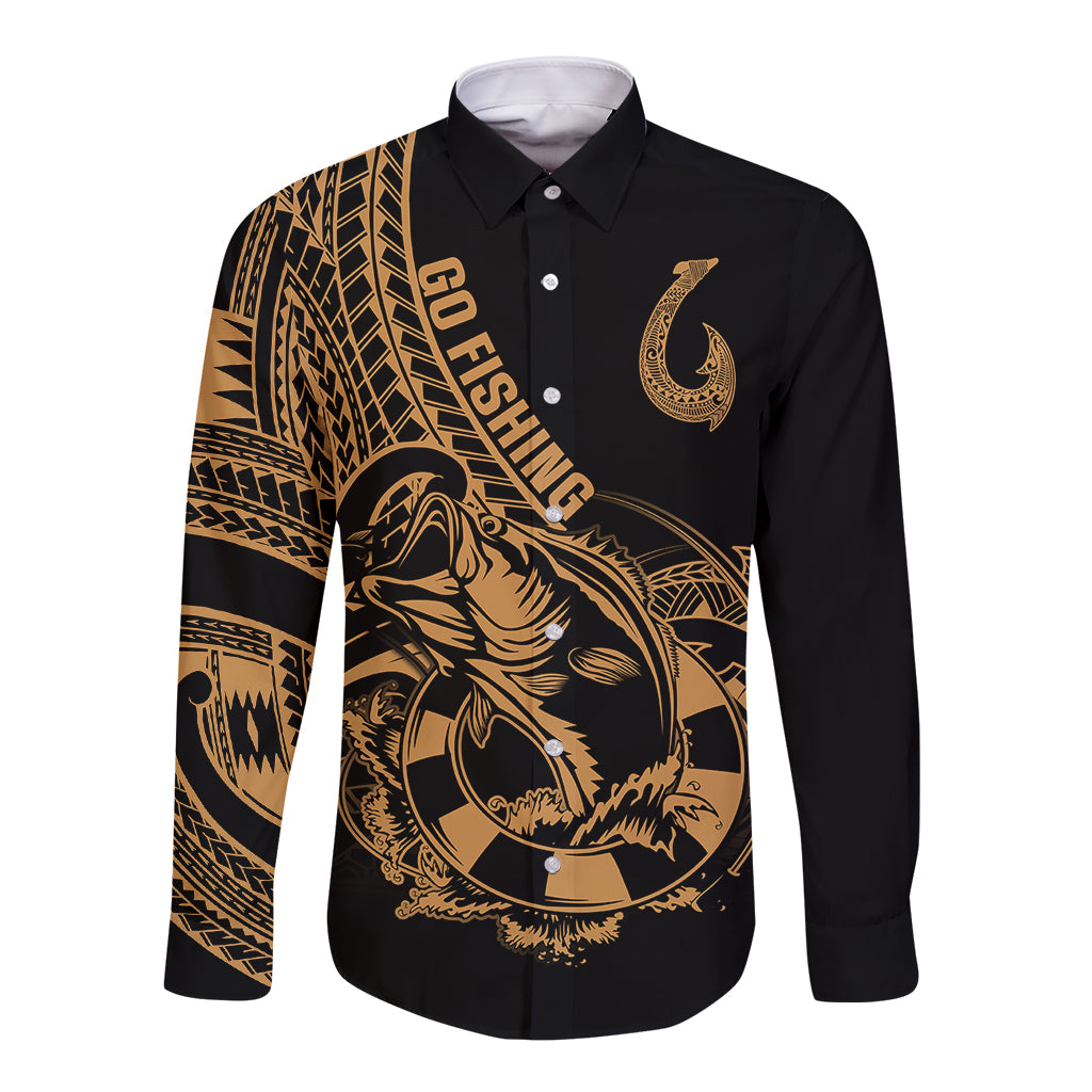 Long sleeve button shirt, black with gold Polynesian fish and tribal sleeve print