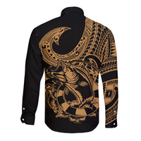 Long sleeve button shirt, black with gold fish motif and tribal back print