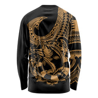Black long-sleeve fishing shirt with gold Polynesian fish-hook and tribal back graphic