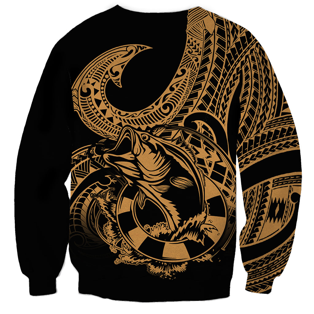Black sweatshirt with gold fishhook tattoo and Polynesian geometric pattern on back