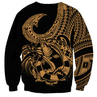 Black sweatshirt with gold fishhook tattoo and Polynesian geometric pattern on back