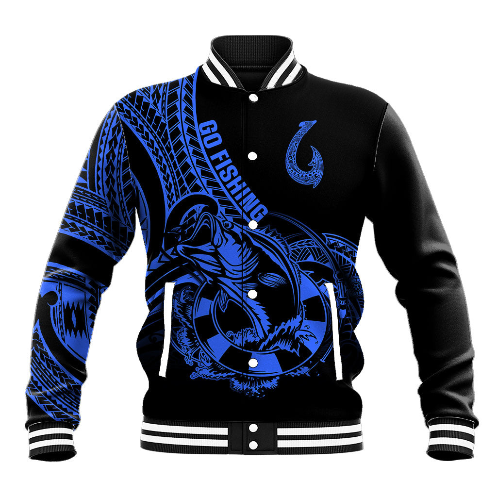 Unisex blue and black baseball jacket with fish hook graphic and tribal pattern