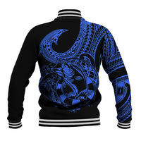Unisex baseball jacket with blue fish graphic and striped ribbed collar, back view