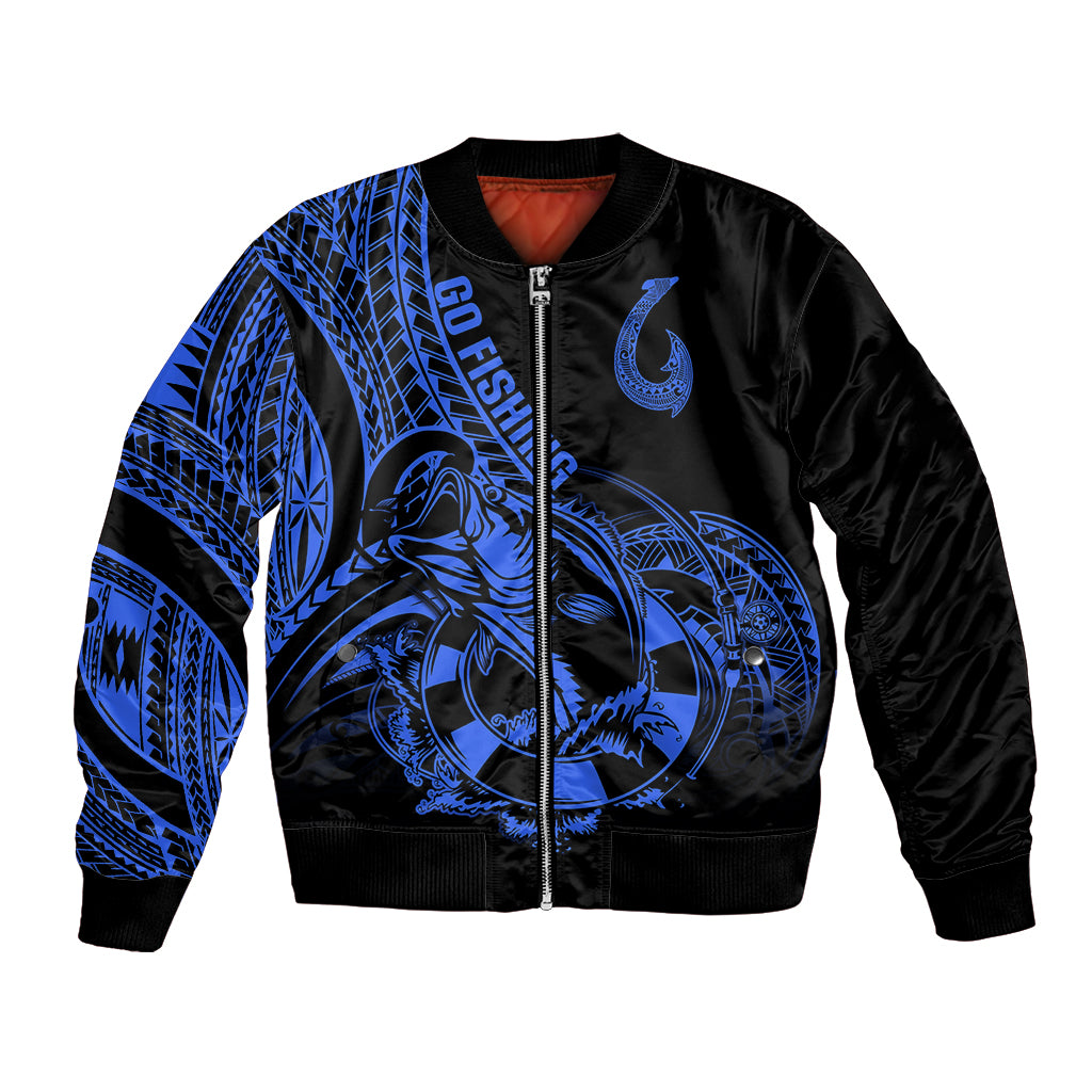 Blue and black bomber jacket with tribal fish hook tattoo graphic, front zip