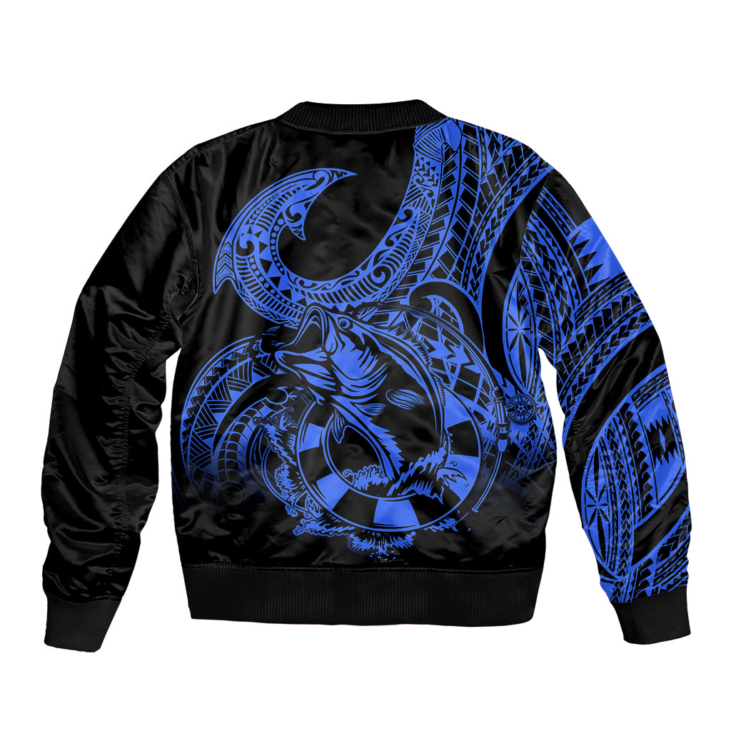 Blue and black bomber jacket with large tribal fish hook tattoo graphic, ribbed hem