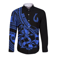 Long sleeve button shirt in black with blue fishing-themed tribal print and fish graphic