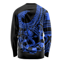 Unisex long-sleeve fishing shirt, black with blue back fish and hook tattoo pattern