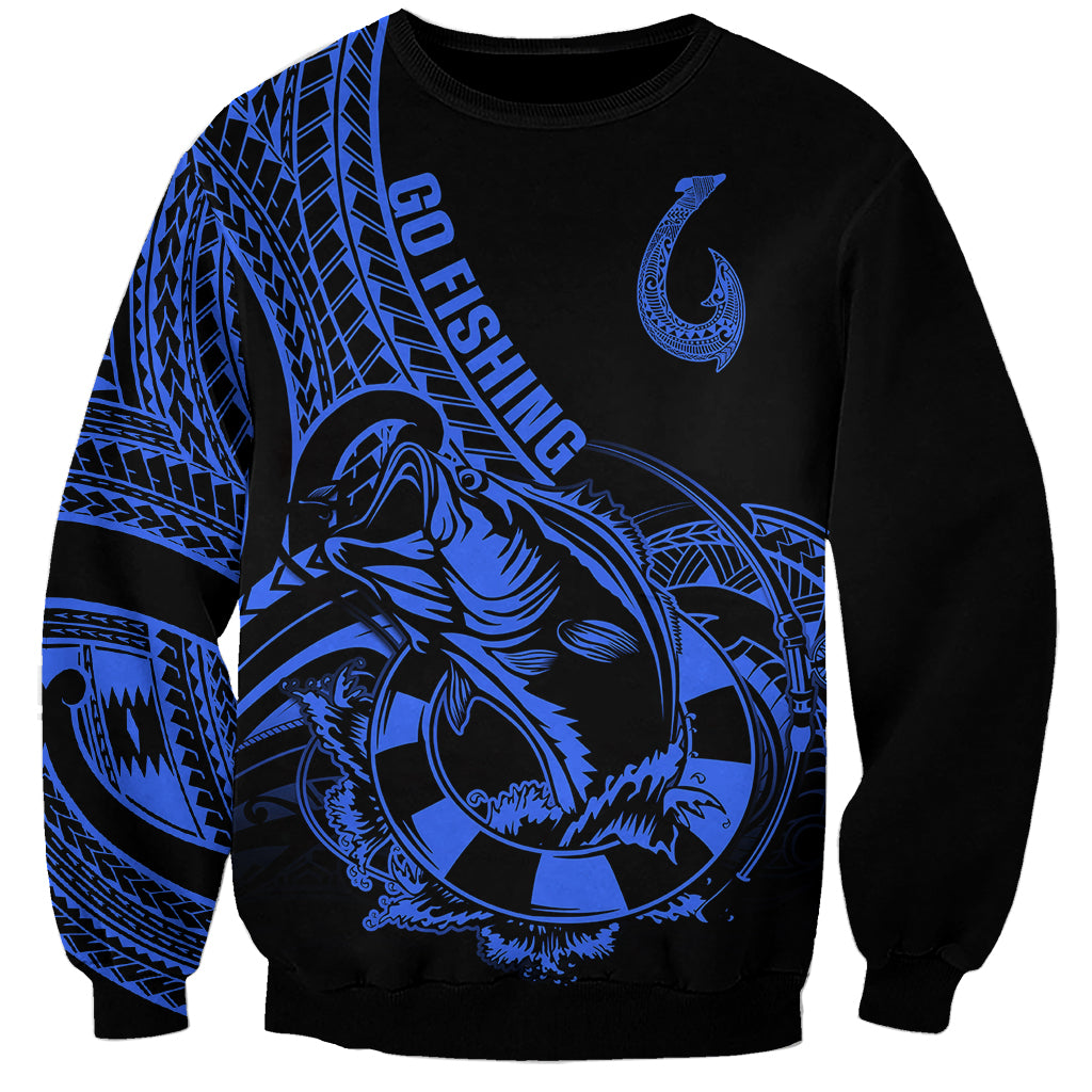 Unisex crewneck sweatshirt, dark with blue fishhook tattoo and tribal sleeves.