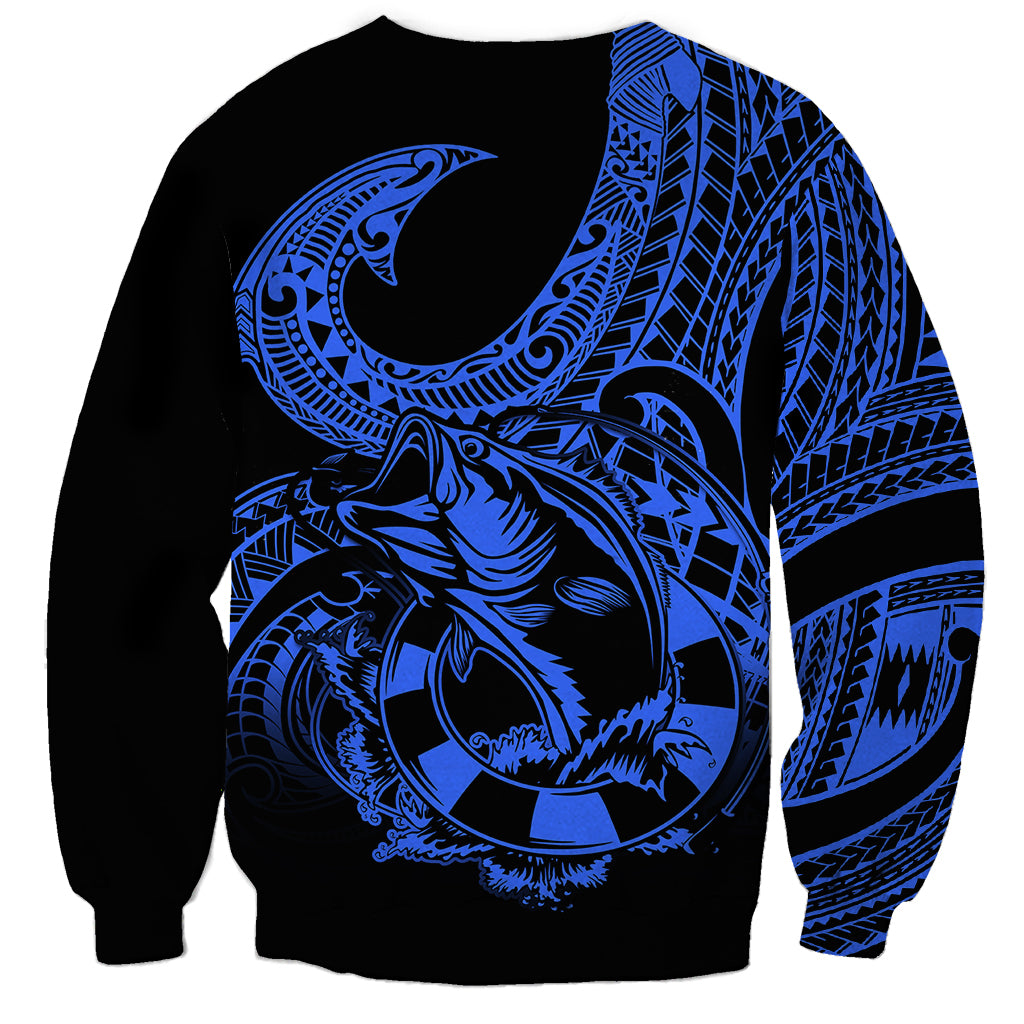 Unisex crewneck sweatshirt, dark with large blue fishhook tattoo front graphic.
