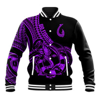 Purple and black baseball jacket with fish graphic, striped ribbed collar and cuffs