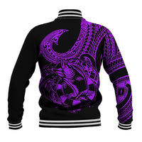 Purple and black baseball jacket back with large fish tattoo graphic, striped ribbed hem