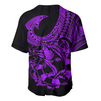 Back baseball jersey with purple fish-hook emblem and tribal pattern on black, button-front