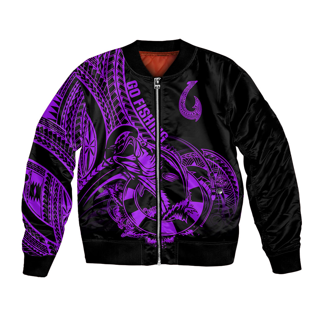 Unisex purple-and-black bomber jacket with front zipper and tribal fish graphic