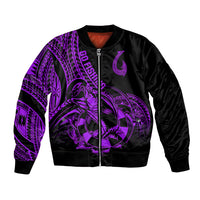 Unisex purple-and-black bomber jacket with front zipper and tribal fish graphic