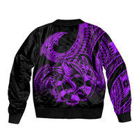 Unisex black bomber jacket with purple tribal fish back graphic and ribbed hem