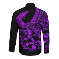 Black long-sleeve button shirt with large purple fish design and tribal sleeve panel
