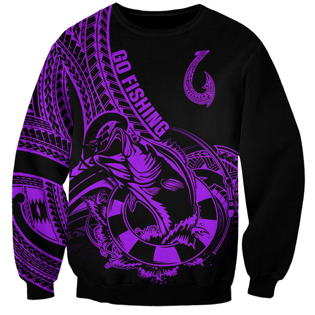 Purple fish hook and tribal catfish-style graphic crewneck sweatshirt, black base.
