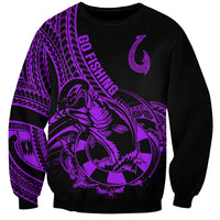 Purple fish hook and tribal catfish-style graphic crewneck sweatshirt, black base.