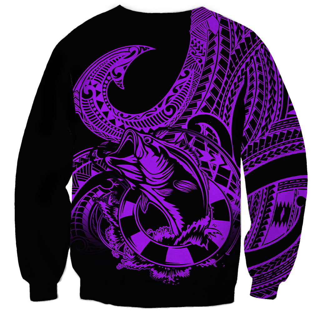 Purple tribal fish hook graphic crewneck sweatshirt with full back design, black.