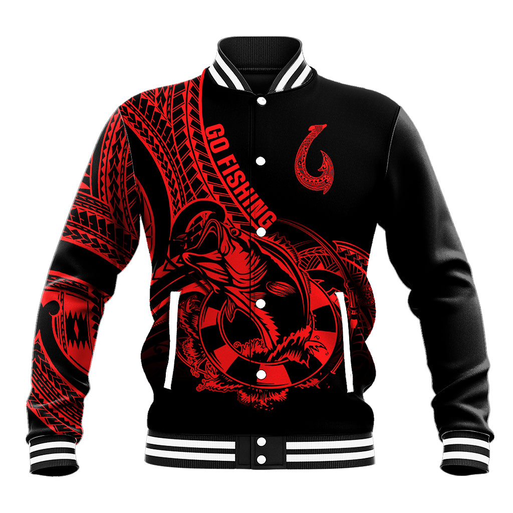 Red and black baseball jacket with striped collar, button front, and fish graphic
