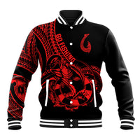Red and black baseball jacket with striped collar, button front, and fish graphic