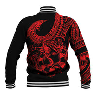 Back of red and black baseball jacket with striped ribbed hem and large fish tattoo print