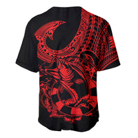 Black baseball jersey with red fish graphic and tribal sleeve pattern.