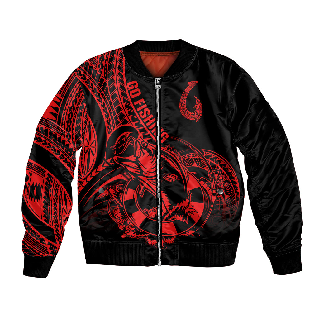 Red-and-black bomber jacket with fish tattoo graphic, front zipper, Polynesian pattern