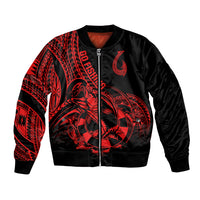 Red-and-black bomber jacket with fish tattoo graphic, front zipper, Polynesian pattern