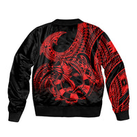 Red-and-black bomber jacket back with large fish-hook tattoo and Polynesian pattern