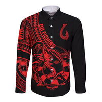 Black button-front long-sleeve shirt with red fish and Polynesian sleeve print