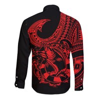 Black button-front long-sleeve shirt with red fish graphic and Polynesian pattern across back