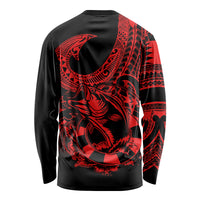 Black long sleeve shirt with back red Polynesian fish-hook tattoo graphic