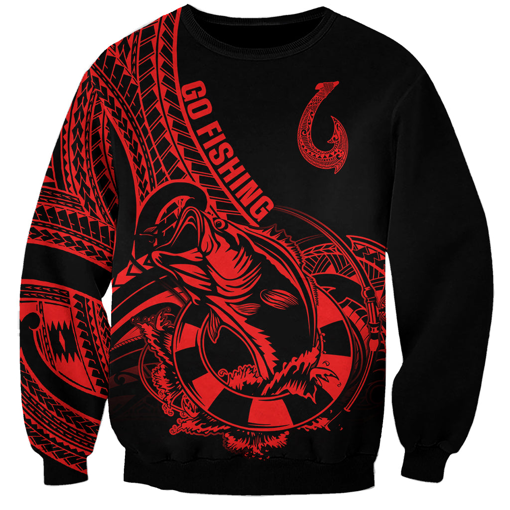 Unisex sweatshirt with black body and red fish tattoo print and Polynesian patterns