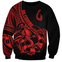 Unisex sweatshirt with black body and red fish tattoo print and Polynesian patterns