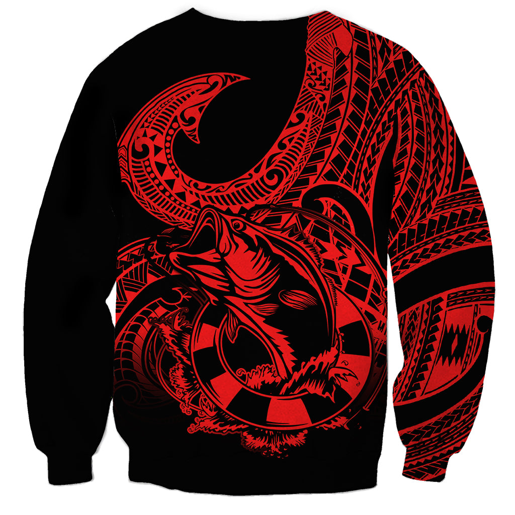 Unisex sweatshirt with black body and red fishhook symbol and large back tattoo graphic