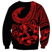 Unisex sweatshirt with black body and red fishhook symbol and large back tattoo graphic
