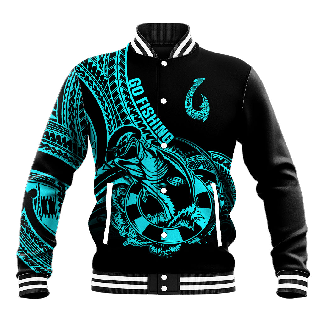 Unisex baseball jacket, black with turquoise fish-hook graphic, striped collar and cuffs