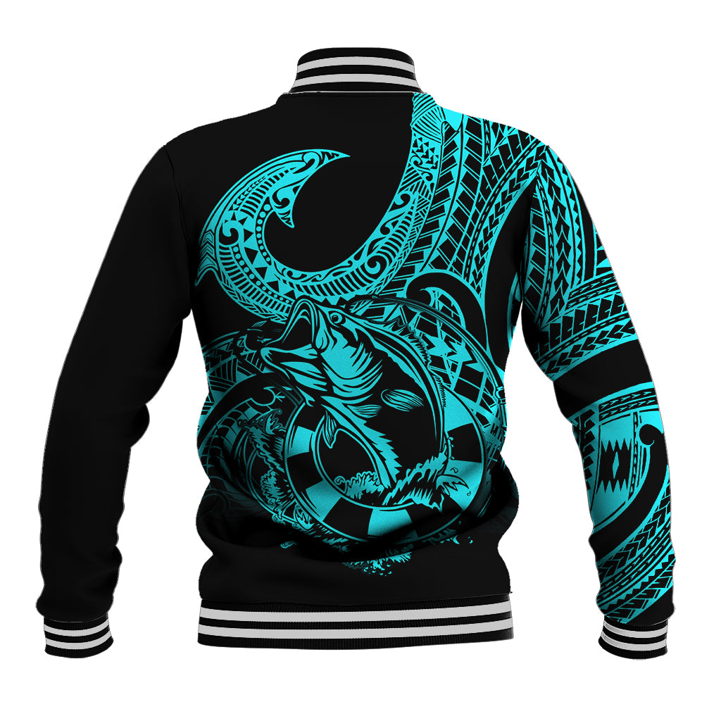 Unisex baseball jacket, black with turquoise back fish graphic and tribal sleeves, striped ribs