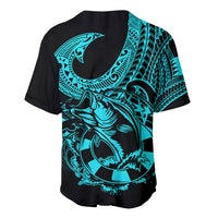 Turquoise baseball jersey with large hook and fish graphic, tribal pattern on sleeves